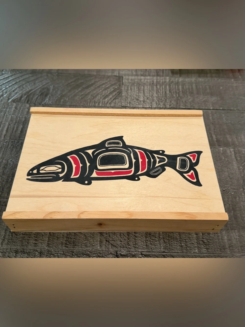 Pacific Northwest Native Salmon Design Wood Slide Lid Box ~ Keepsake Storage Box